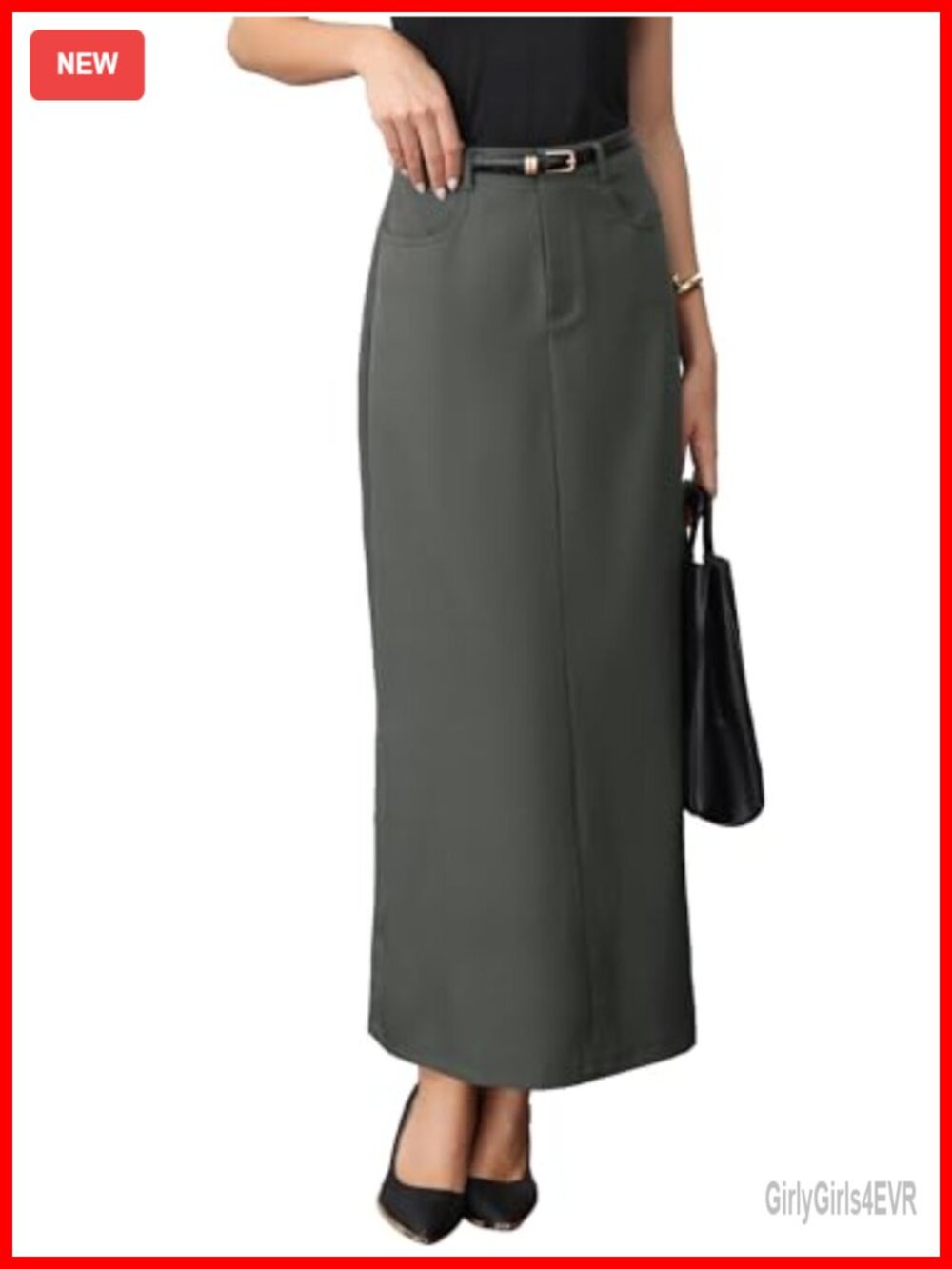 High Waist Pencil Maxi Skirt Elastic Back Pockets Work Office